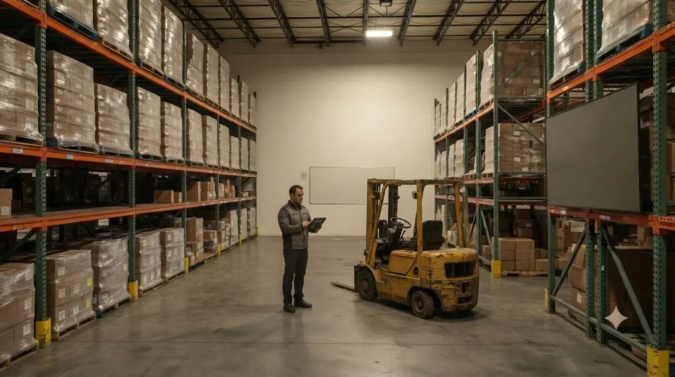 Warehouse with a forklift and an empty management board