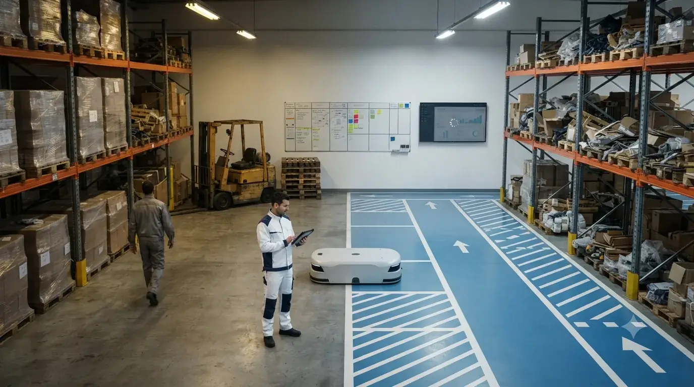 Forklift and AMR robot coexisting, partial floor marking
